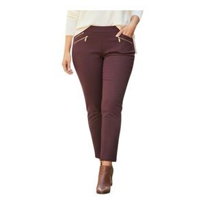Anne Klein Ponte Knit Pants Pull On Gold Zipper Accents Pockets Maroon XL Career